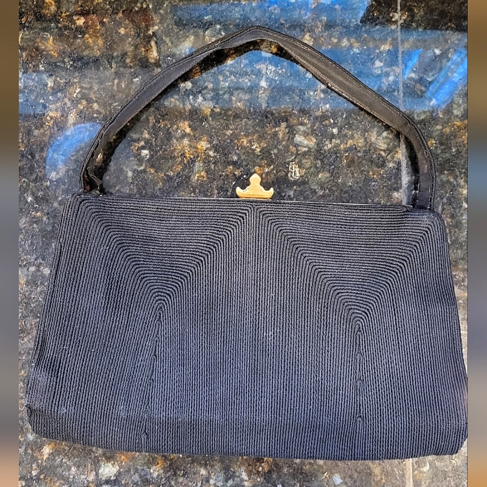 Antique 40s Genuine Corde Black Handbag w/ Gold Tone Clasp